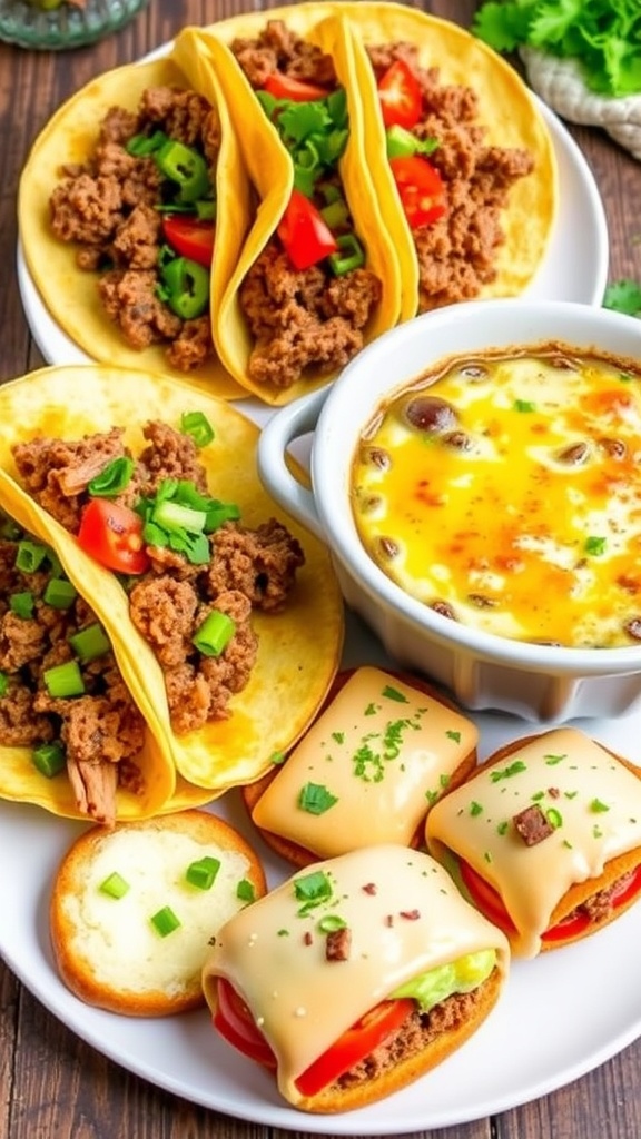 Creative Ways to Use Leftover Cooked Hamburger Patties A colorful display of tacos, casserole, and sliders made from leftover hamburger patties.